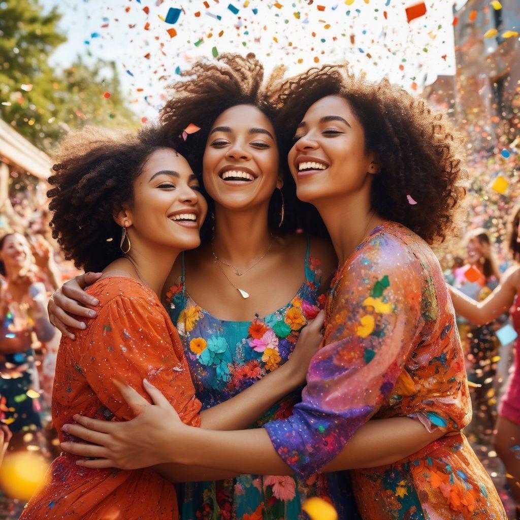 A vibrant gathering of diverse women of all ages, embracing each other with joy, surrounded by an explosion of colorful confetti and flowers, representing sisterhood and empowerment. The background features an uplifting scene of nature, symbolizing growth and positivity. The women's expressions radiate happiness and strength, capturing the essence of community. super-realistic. vibrant colors. bright, sunny background.