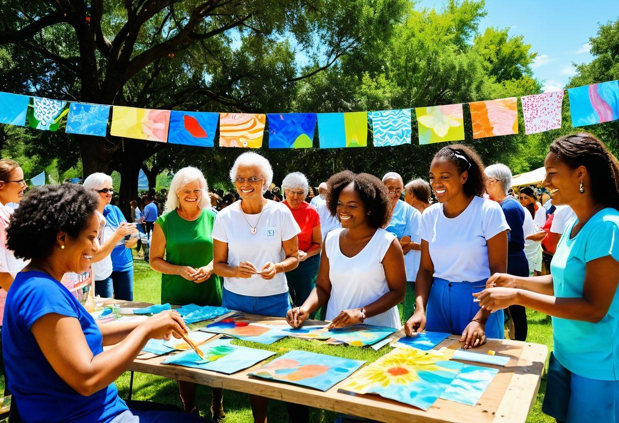 A vibrant community gathering in a sunny park, showcasing people of diverse ages and backgrounds engaging in various creative activities like painting, dancing, and crafting. Joyful expressions fill the scene, surrounded by colorful banners and handmade decorations, with nature's greenery enhancing the lively atmosphere. The sky is bright blue, inviting a sense of positivity and engagement. super-realistic. vibrant colors. outdoor setting.