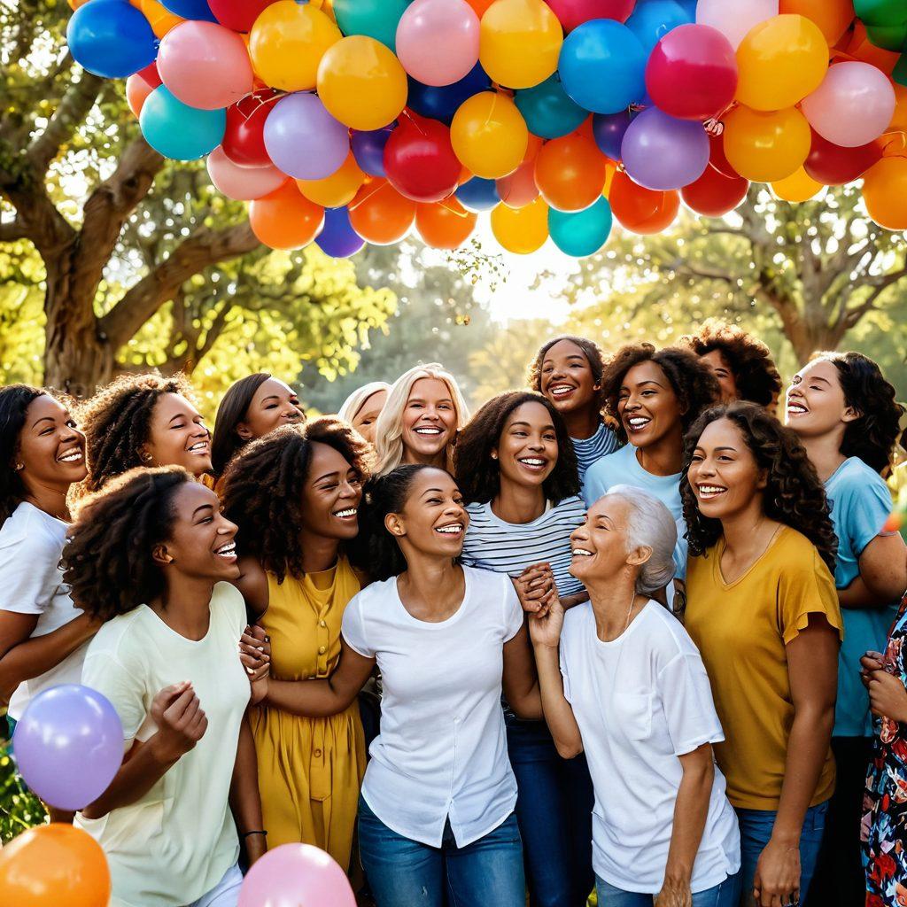 A vibrant gathering of diverse women of different ages and backgrounds, joyfully embracing each other under a canopy of colorful balloons and flowers. The scene is filled with laughter, shared stories, and unity, radiating warmth and empowerment. Sunlight filters through the trees, casting a soft glow on their happy faces. Decorate with symbols of femininity and strength. super-realistic. vibrant colors. outdoor setting.